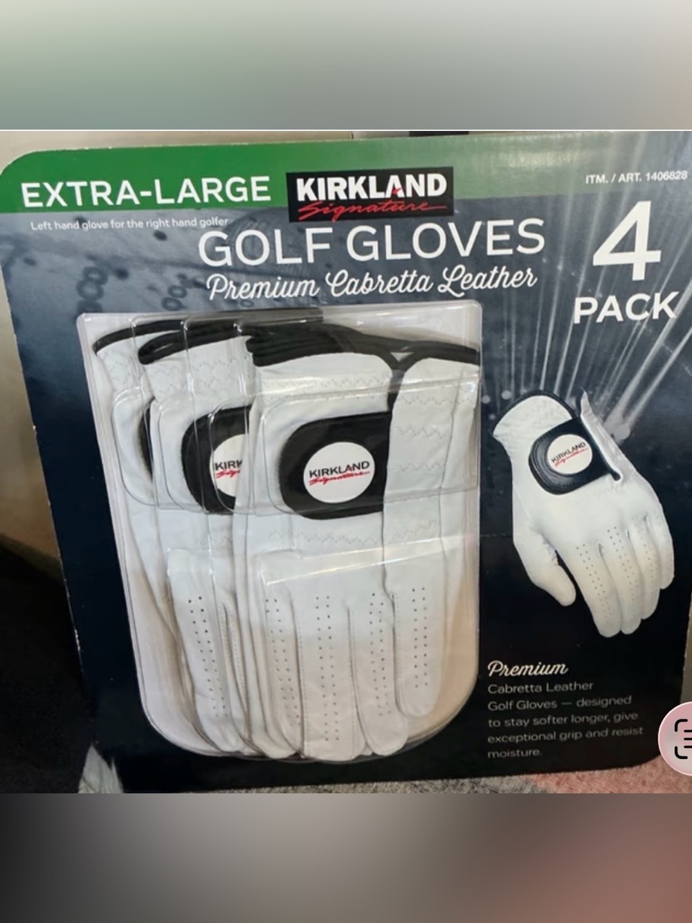 Kirkland Signature Golf Gloves Packaging — Dark Green and White